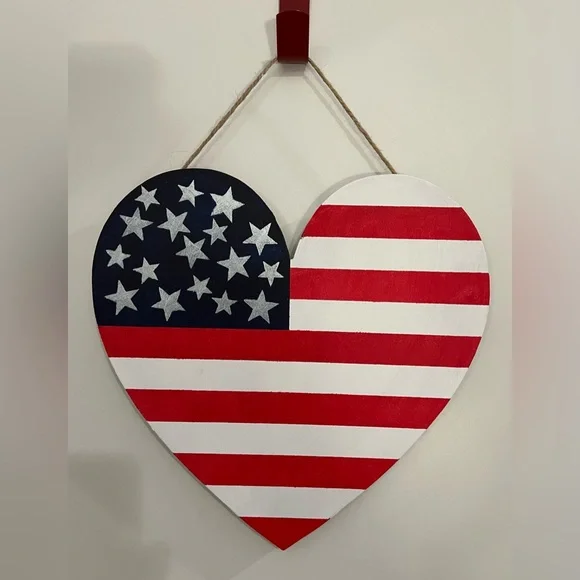 Hand Crafted Wooden Patriotic Heart Wall Decor - Red, White, and Blue - Picture 4 of 6